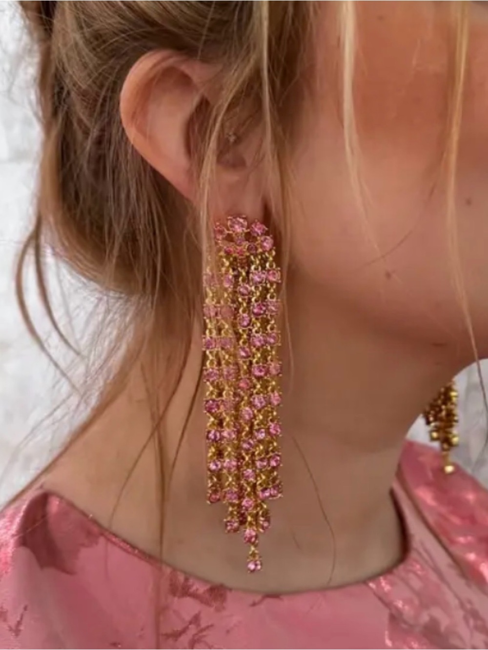 Like new Oscar de la Renta Gold and Pink Crystal Tassel Earrings